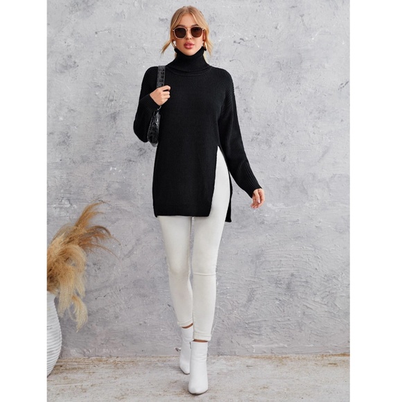 Black Cable Knit Long Turtleneck Sweater Side Cut, Slit Long Sleeves - Picture 2 of 7